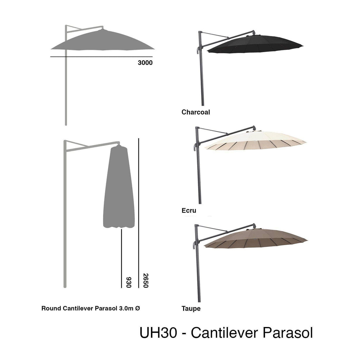 Alexander Rose Garden Furniture Accessories Alexander Rose Round Cantilever 3.0m Parasol - Charcoal, Ecru, Taupe