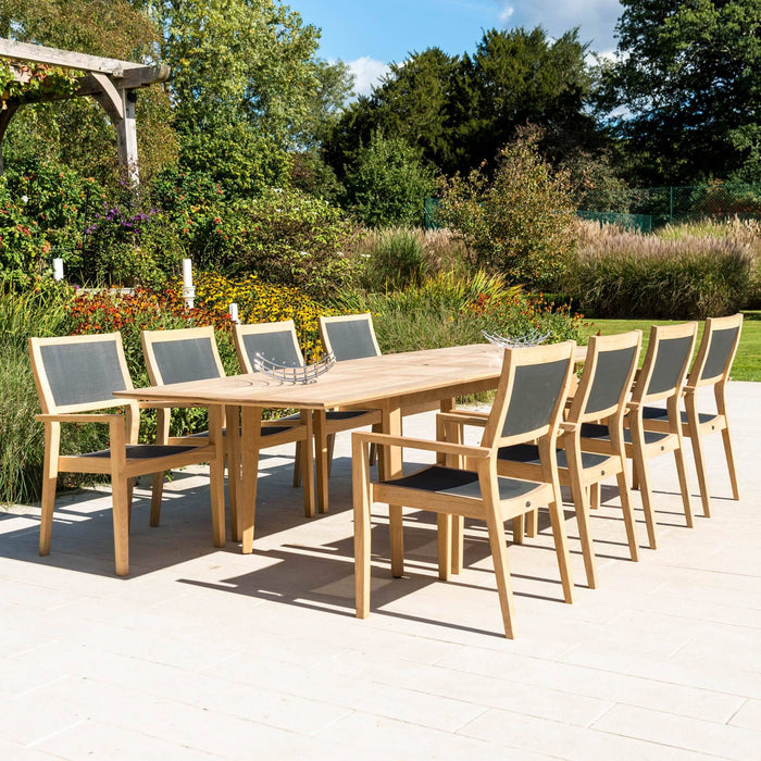 Alexander Rose Garden Furniture Alexander Rose Roble Extending Large Garden Table and 8 Charcoal Sling Stacking Armchairs