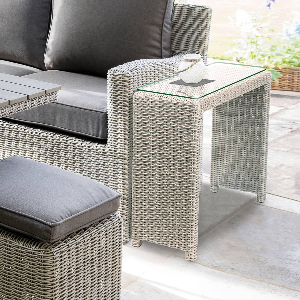 Kettler Garden Furniture Kettler Palma Wicker Glass Top Side Table In White Wash
