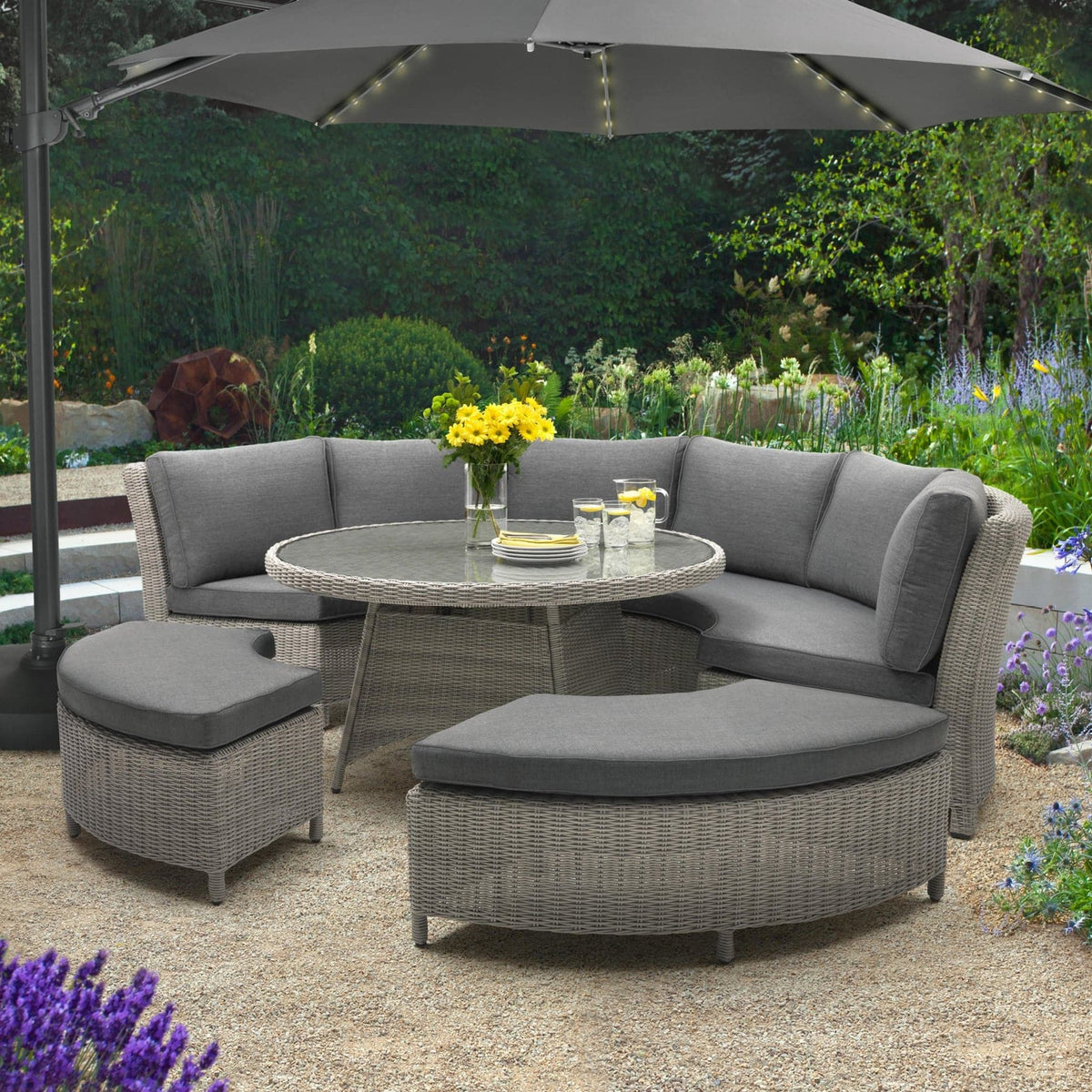 Kettler Garden Furniture Accessories Kettler 3.5m LED Free Arm Large Parasol Grey Frame, Taupe Canopy, LED's and Bluetooth Speaker