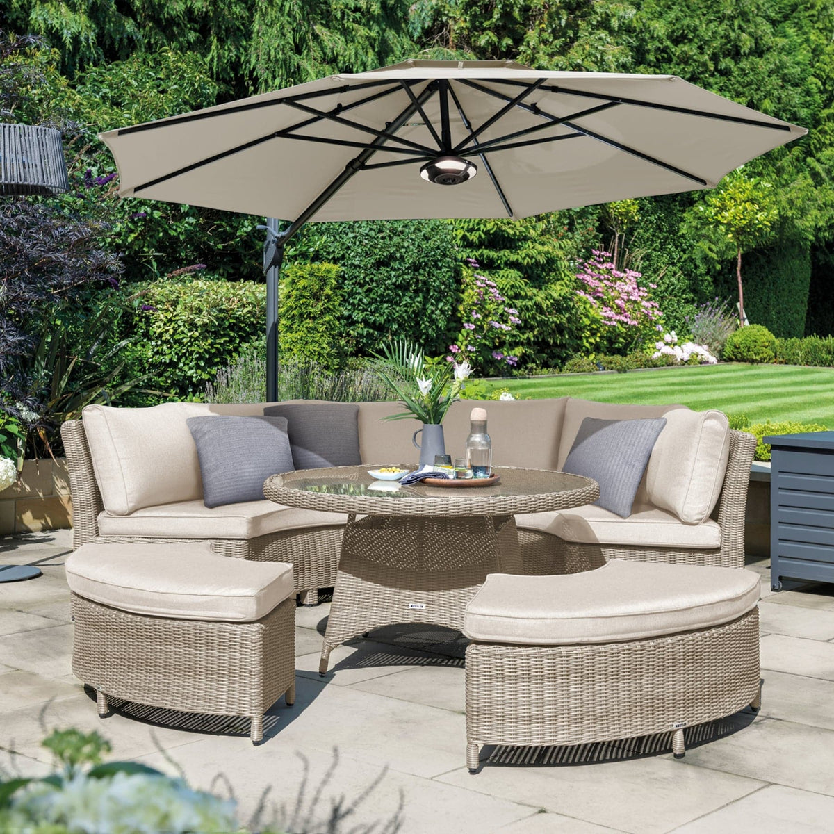 Kettler Garden Furniture Accessories Kettler 3.5m LED Free Arm Large Parasol Grey Frame, Stone Canopy, LED's and Bluetooth Speaker